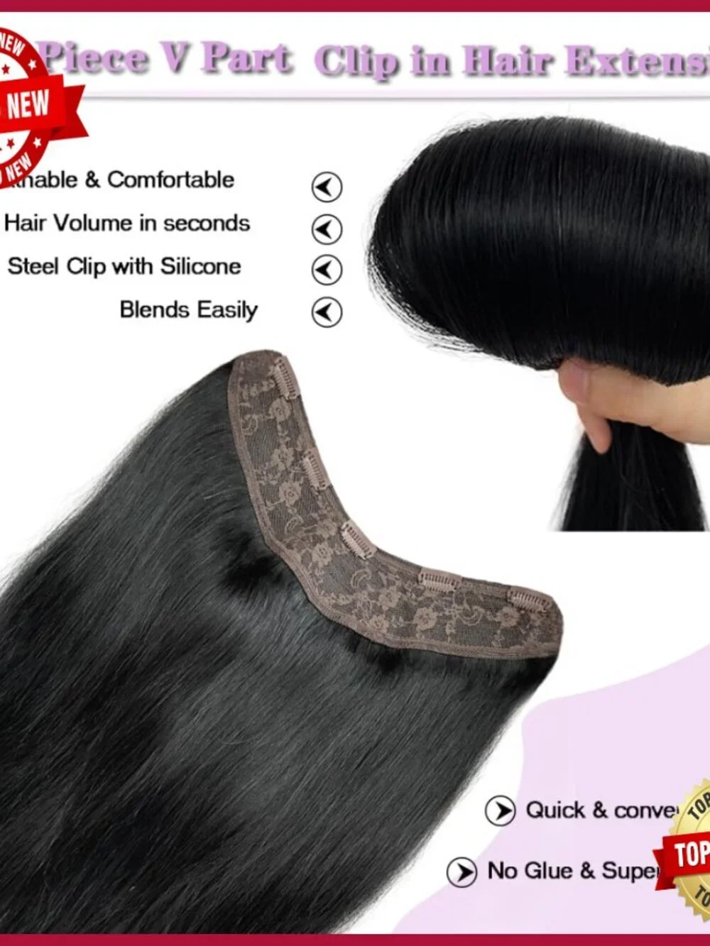 20 Inch Clip-In Human Hair Extension, 5 Secure Clips, Silky Straight